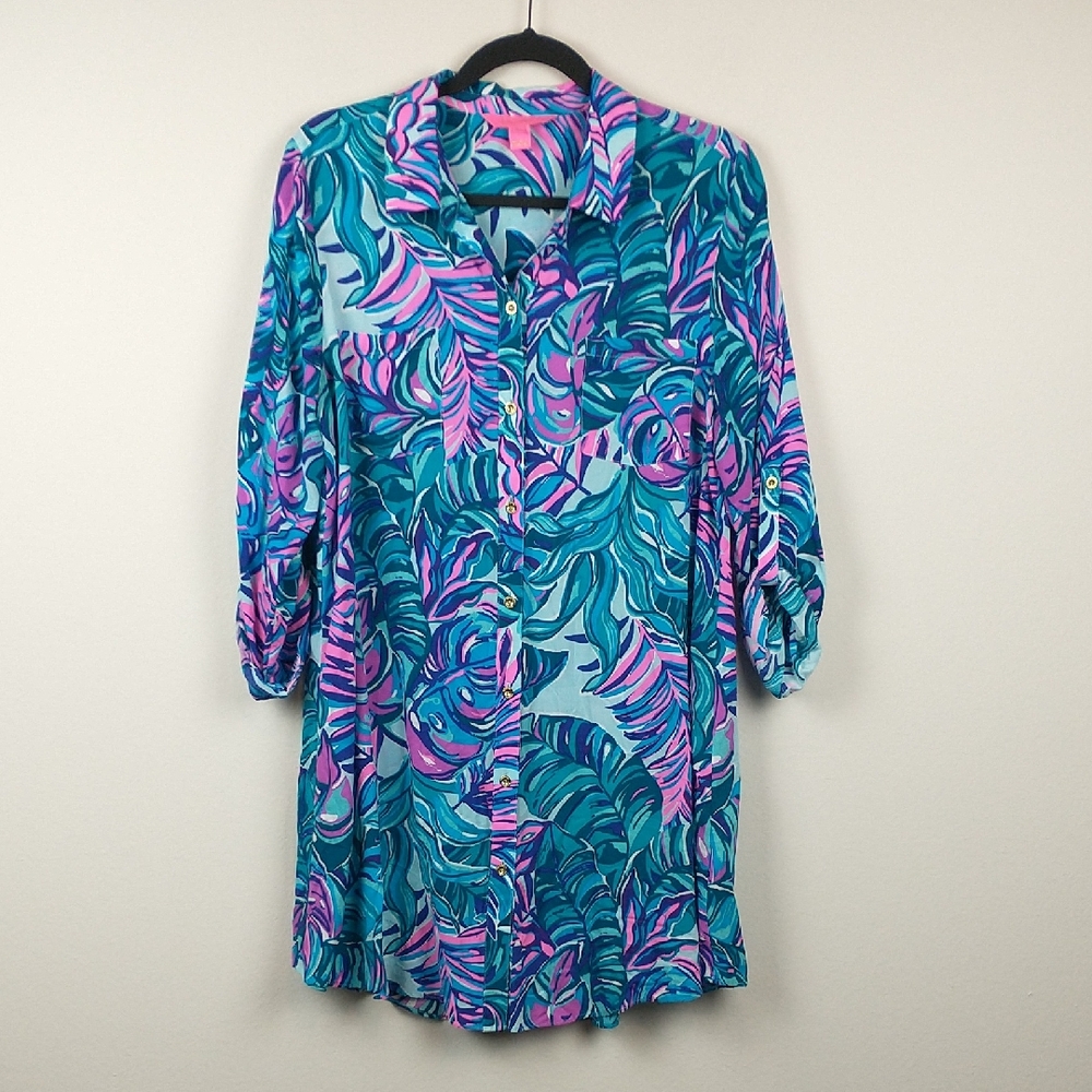 Lilly Pulitzer Natalie Shirtdress Cover-Up Medium Tropical Leaf